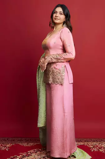 women's shimmer silk embroidered kurta palazzo with dupatta set