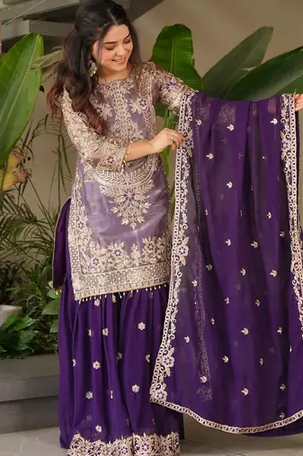 women's shimmer silk embroidered kurta sharara with dupatta set