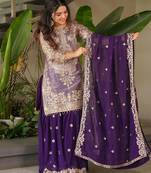women's shimmer silk embroidered kurta sharara with dupatta set