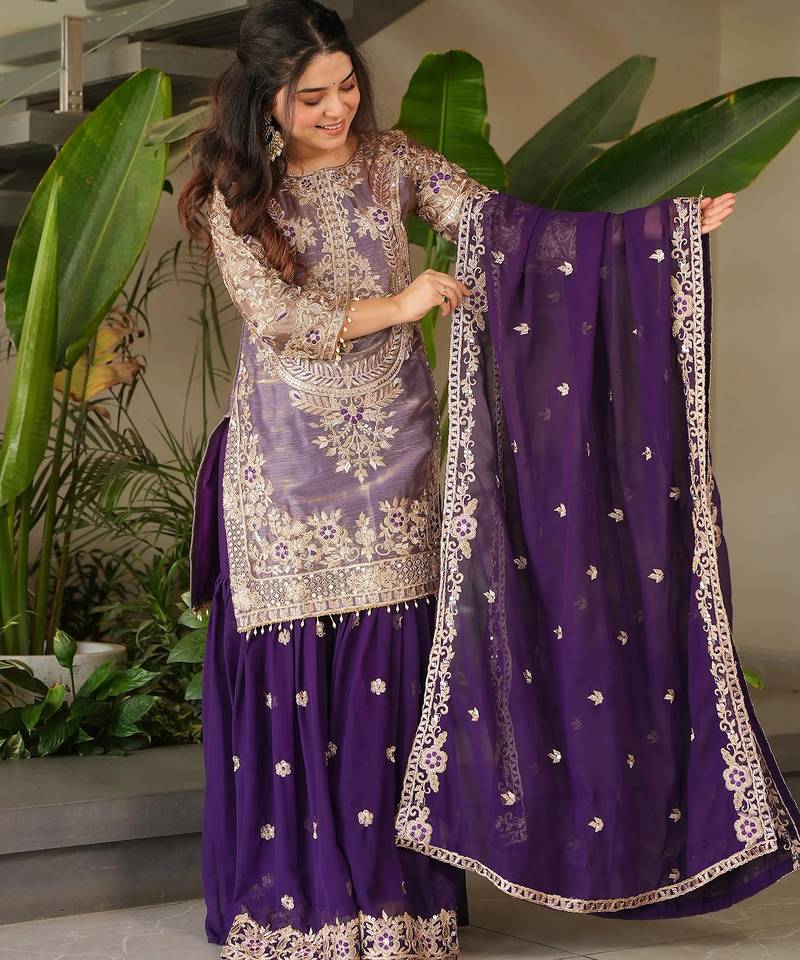 women's shimmer silk embroidered kurta sharara with dupatta set