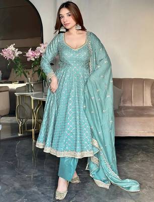 women's chinnon silk embroidered anarkali kurta pant with dupatta set 1