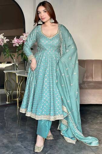women's chinnon silk embroidered anarkali kurta pant with dupatta set