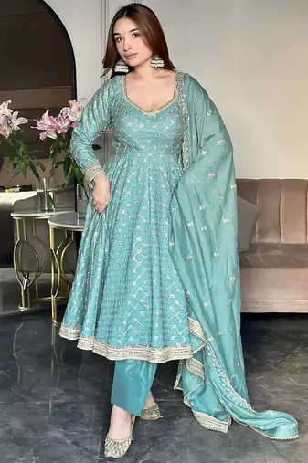 women's chinnon silk embroidered anarkali kurta pant with dupatta set