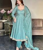 women's chinnon silk embroidered anarkali kurta pant with dupatta set
