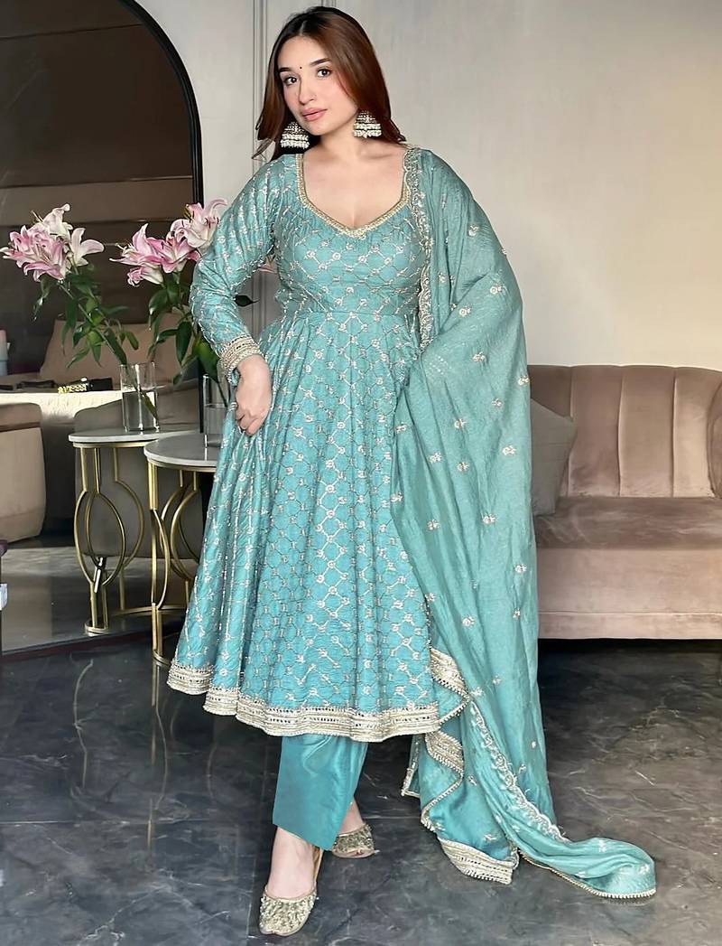 women's chinnon silk embroidered anarkali kurta pant with dupatta set