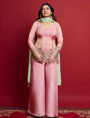 women's shimmer silk embroidered kurta palazzo with dupatta set 3