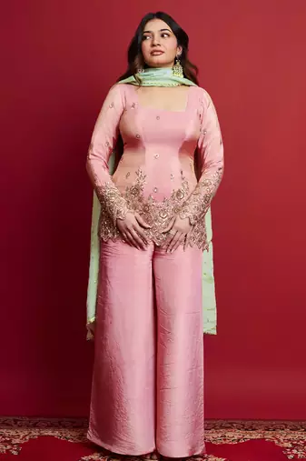 women's shimmer silk embroidered kurta palazzo with dupatta set