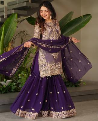 women's shimmer silk embroidered kurta sharara with dupatta set 2