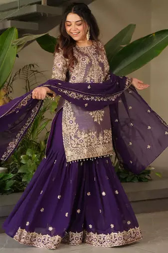women's shimmer silk embroidered kurta sharara with dupatta set