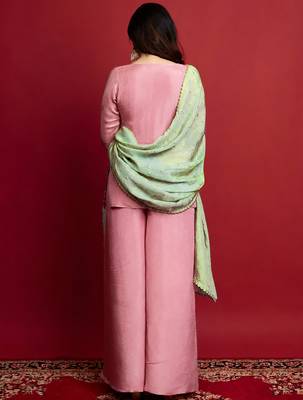 women's shimmer silk embroidered kurta palazzo with dupatta set 4