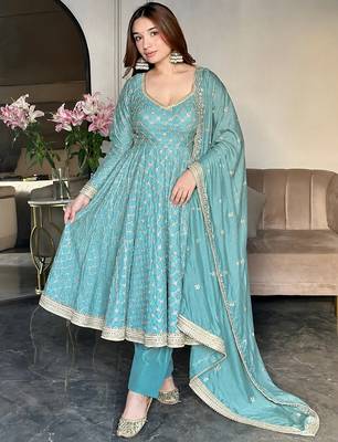 women's chinnon silk embroidered anarkali kurta pant with dupatta set 2