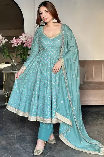 women's chinnon silk embroidered anarkali kurta pant with dupatta set