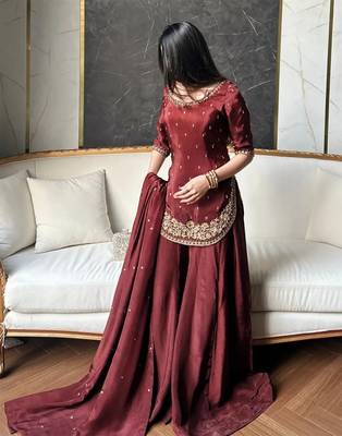 women's silk embroidered kurta palazzo with dupatta set 1