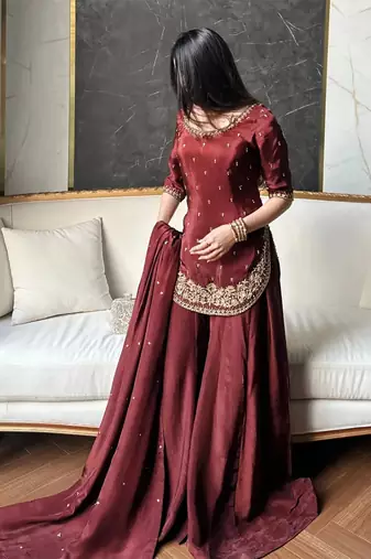 women's silk embroidered kurta palazzo with dupatta set