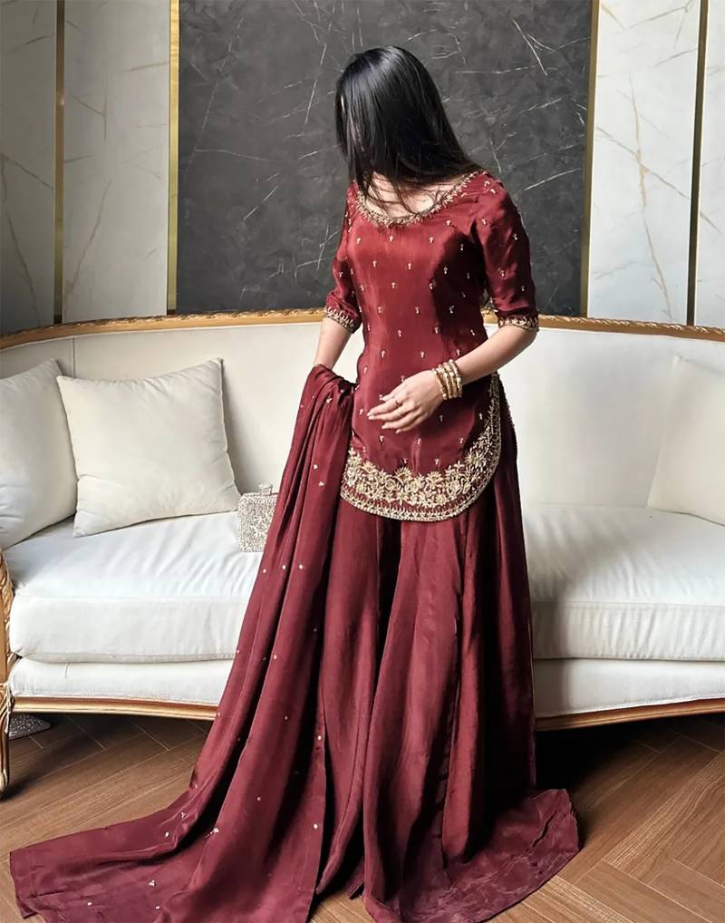 women's silk embroidered kurta palazzo with dupatta set