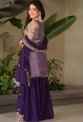 women's shimmer silk embroidered kurta sharara with dupatta set 3
