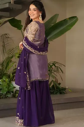 women's shimmer silk embroidered kurta sharara with dupatta set