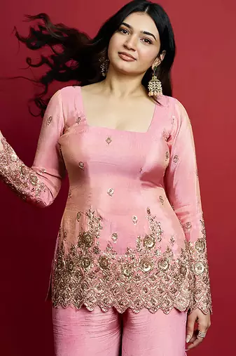 women's shimmer silk embroidered kurta palazzo with dupatta set