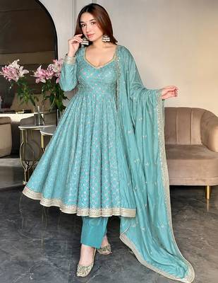 women's chinnon silk embroidered anarkali kurta pant with dupatta set 3
