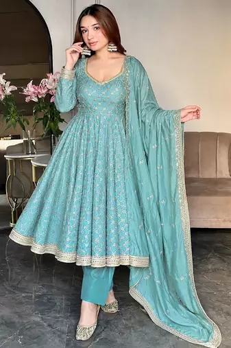 women's chinnon silk embroidered anarkali kurta pant with dupatta set