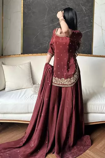 women's silk embroidered kurta palazzo with dupatta set