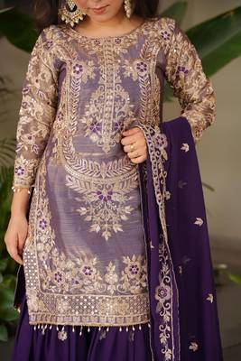 women's shimmer silk embroidered kurta sharara with dupatta set 4