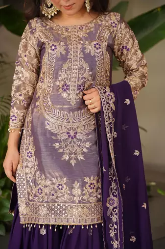 women's shimmer silk embroidered kurta sharara with dupatta set