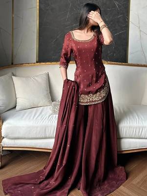 women's silk embroidered kurta palazzo with dupatta set 3