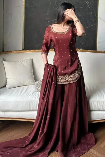 women's silk embroidered kurta palazzo with dupatta set