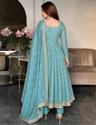 women's chinnon silk embroidered anarkali kurta pant with dupatta set 4