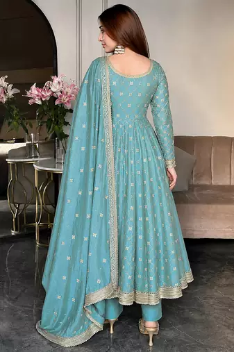 women's chinnon silk embroidered anarkali kurta pant with dupatta set