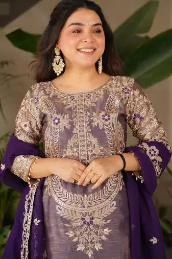 women's shimmer silk embroidered kurta sharara with dupatta set