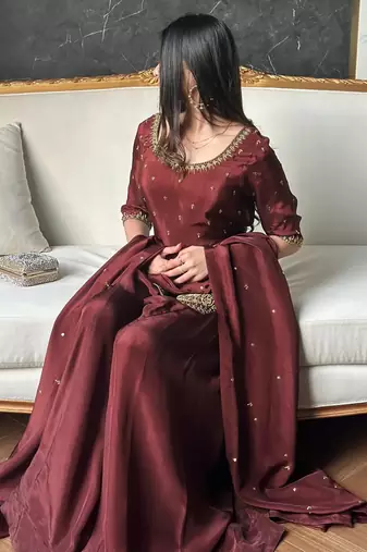 women's silk embroidered kurta palazzo with dupatta set