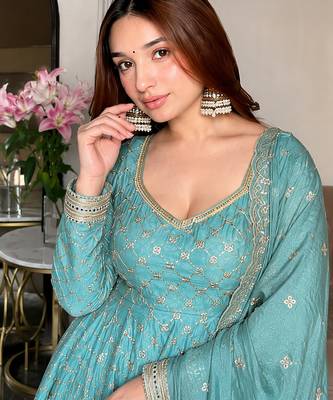 women's chinnon silk embroidered anarkali kurta pant with dupatta set 5