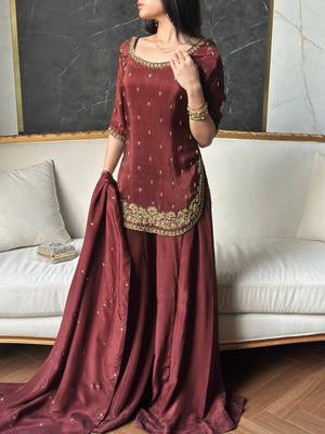 women's silk embroidered kurta palazzo with dupatta set 5