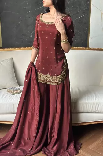 women's silk embroidered kurta palazzo with dupatta set