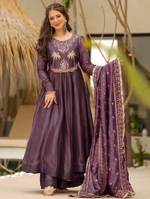 women's soft georgette embroidered anarkali kurta palazzo with dupatta set 1