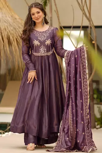 women's soft georgette embroidered anarkali kurta palazzo with dupatta set