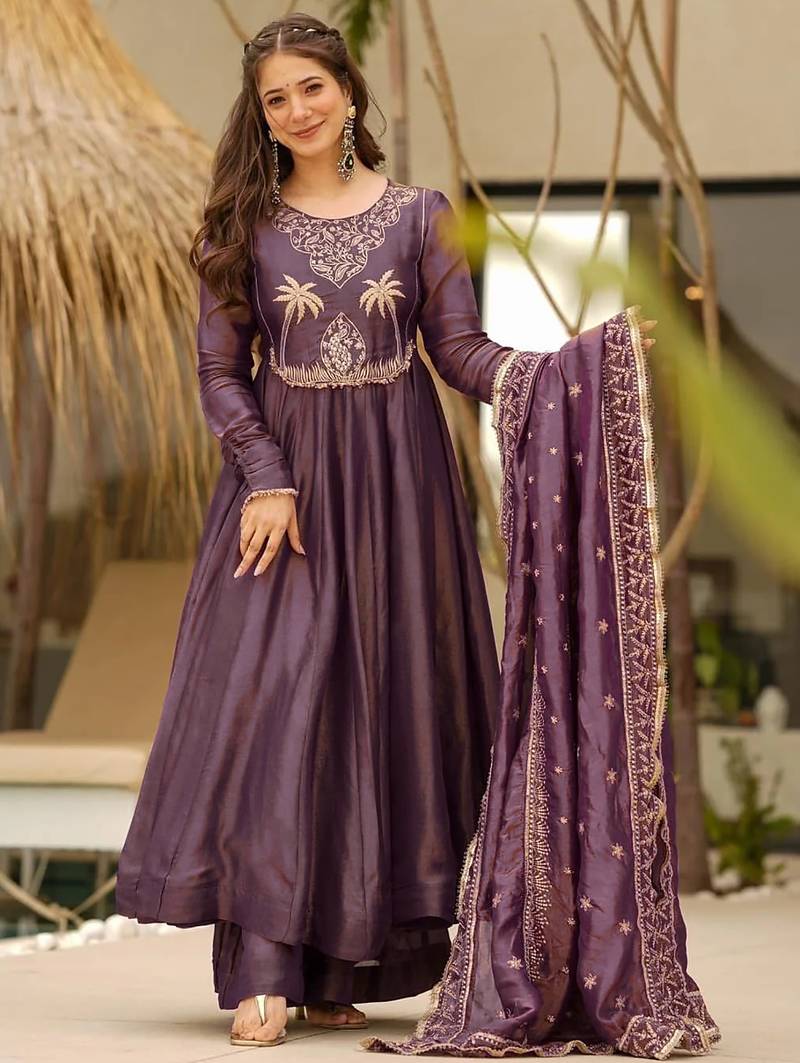 women's soft georgette embroidered anarkali kurta palazzo with dupatta set