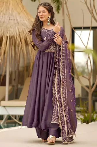 women's soft georgette embroidered anarkali kurta palazzo with dupatta set