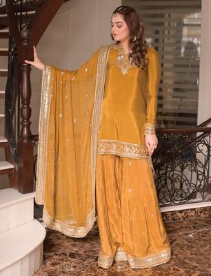 women's silk embroidered kurta palazzo dupatta set 1