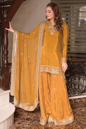 women's silk embroidered kurta palazzo dupatta set