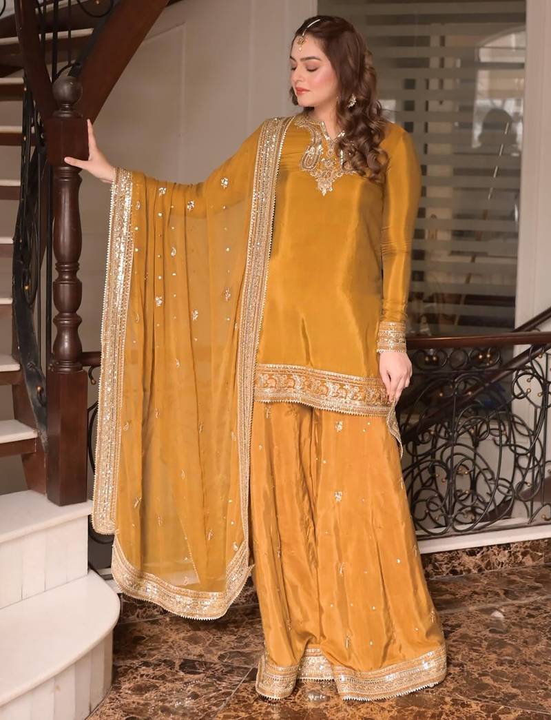 women's silk embroidered kurta palazzo dupatta set