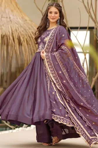 women's soft georgette embroidered anarkali kurta palazzo with dupatta set
