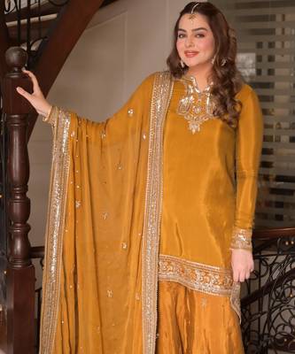 women's silk embroidered kurta palazzo dupatta set 3
