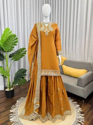 women's silk embroidered kurta palazzo dupatta set 4