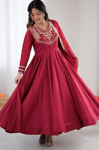 women's crunchy silk embroidered anarkali kurta pant with dupatta set