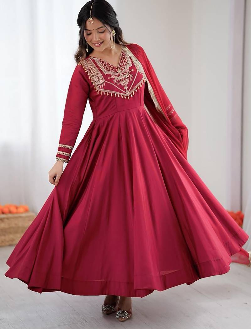 women's crunchy silk embroidered anarkali kurta pant with dupatta set