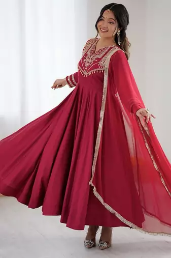 women's crunchy silk embroidered anarkali kurta pant with dupatta set