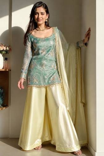 women's shimmer silk embroidered kurta palazzo with dupatta set